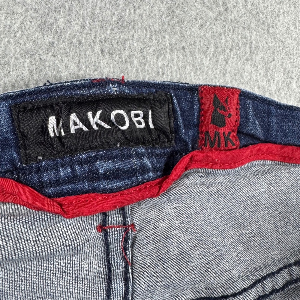 Makobi Biker Jeans Mens 44x32 Blue Acid Wash Distressed Side Stripe M1743 Moto - Picture 6 of 11